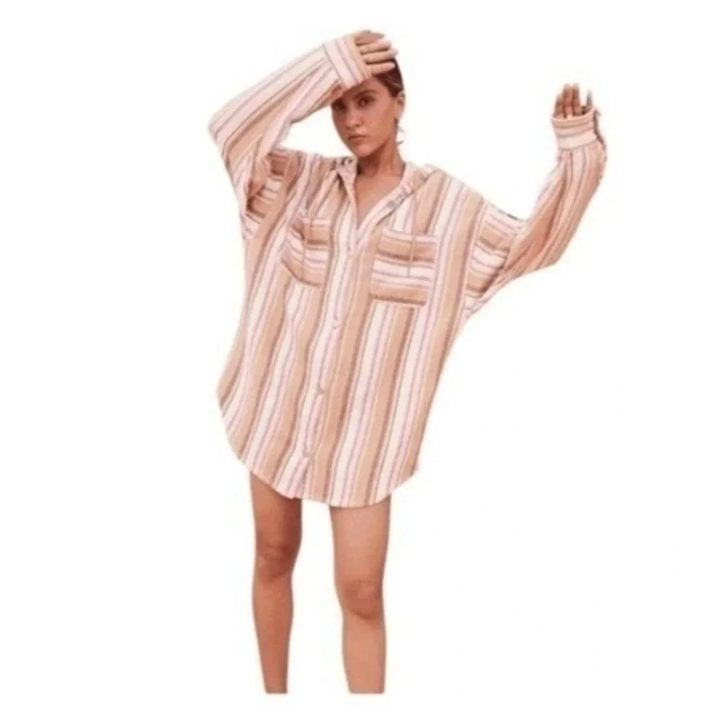 Roxy Sunlight‎ Rider Stripe Hooded Cotton Shirt Jacket Shacket M